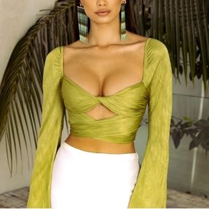 Oh Polly Flare Sleeve Crop Top Olive Green Women's Size 2 NWT